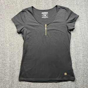 True Religion Half Zip Tee Women Medium Black Short Sleeve Scoop Neck WBG4152EZK